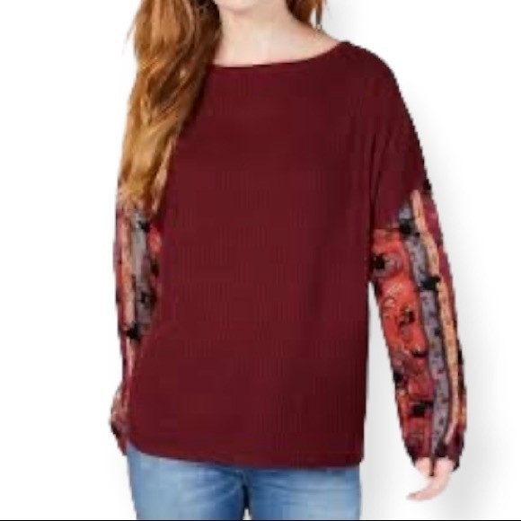 Gypsies & Moondust Top Thermal Waffle Knit Burgundy floral sheer Sleeve size M - Picture 11 of 12